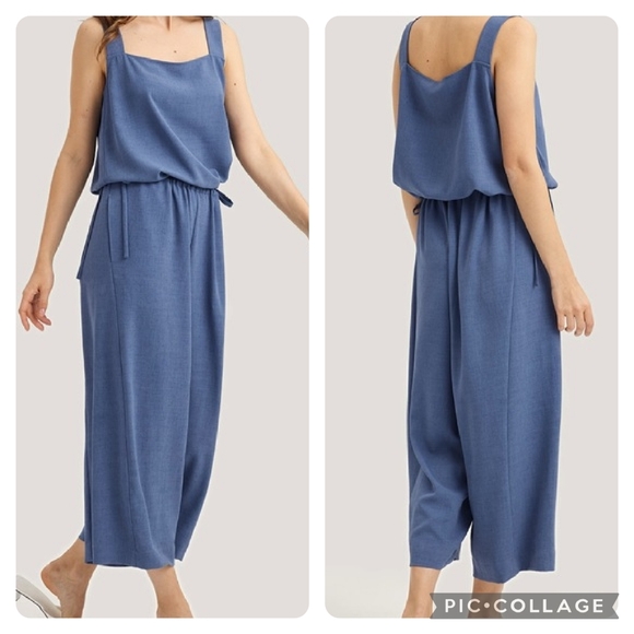 Nap Pants - NAP Loungewear Drawstring Relaxed Fit Square Neck Wide Leg Jumpsuit Blue Size M
